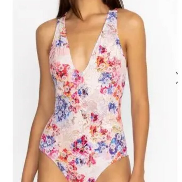 Johnny Was Summer Days Eyelet Floral One Piece Swimsuit Cross Back M NWT $198 - Picture 1 of 7